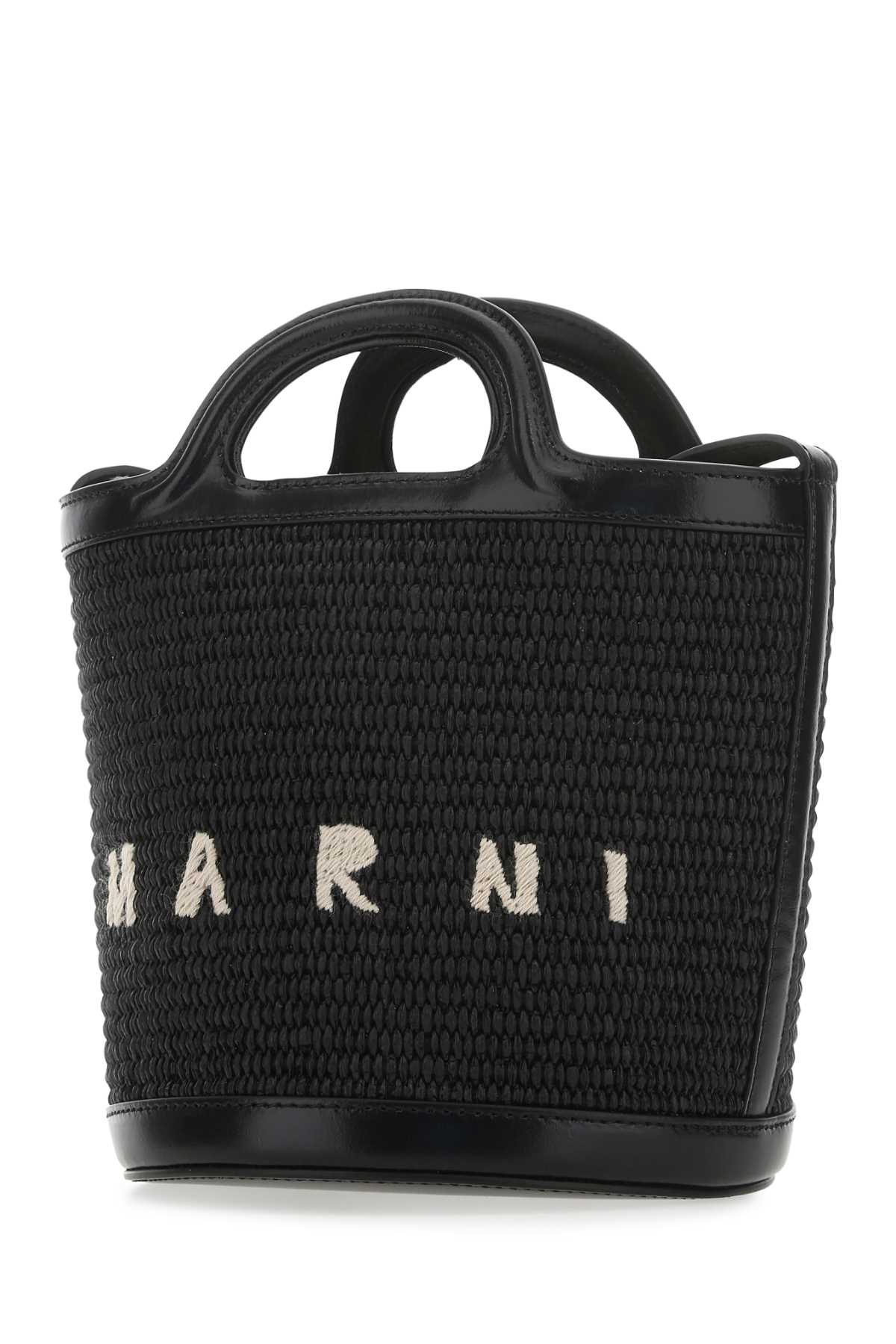 Shop Marni Black Leather And Raffia Tropicalia Bucket Bag In 00n99