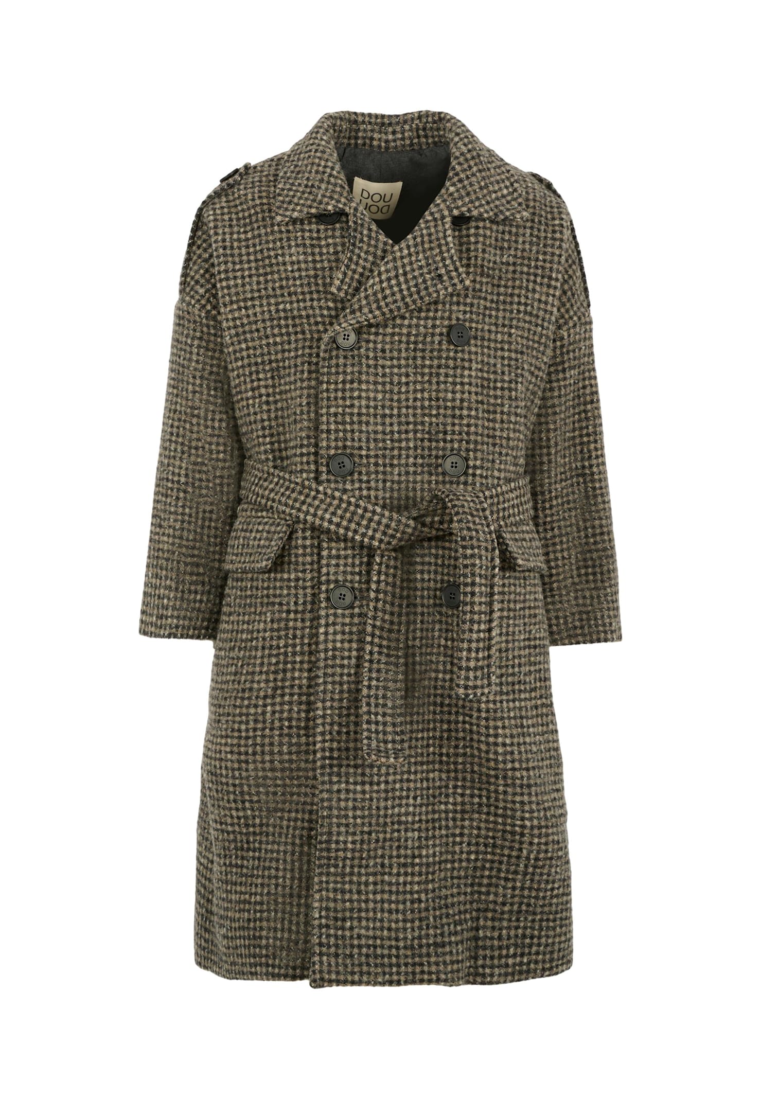 Douuod Oversized Brown Coat For Girl With Logo In Green