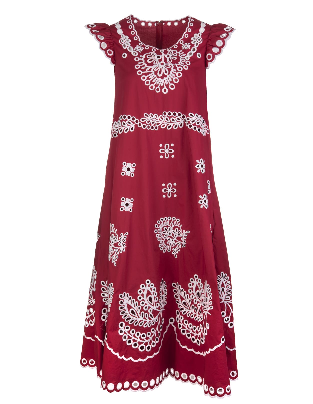 RED Valentino Red Cotton Midi Dress With Sangallo Embroidery