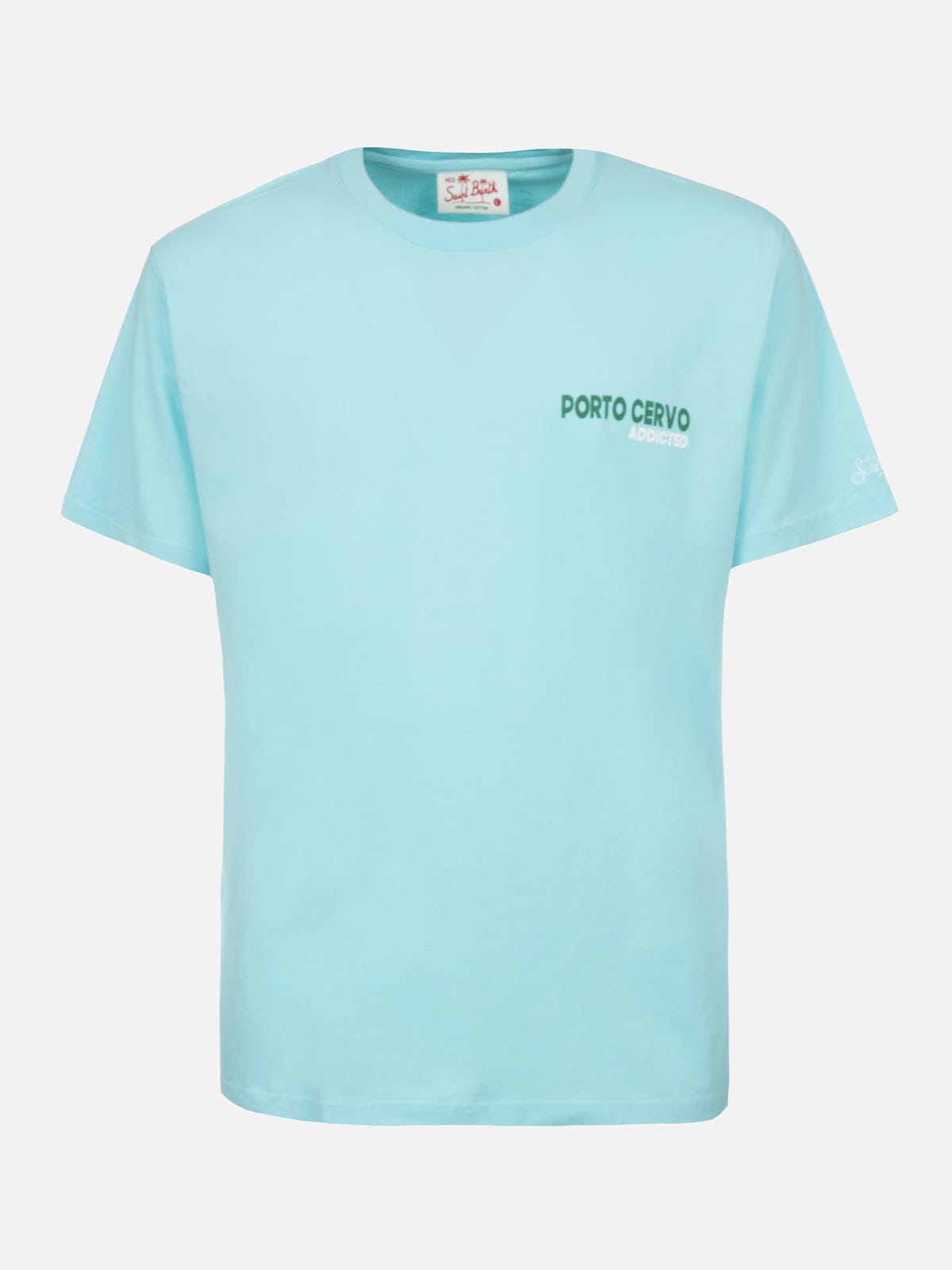 Shop Mc2 Saint Barth Man Cotton T-shirt With Porto Cervo Addicted Postcard Placed Print In Green