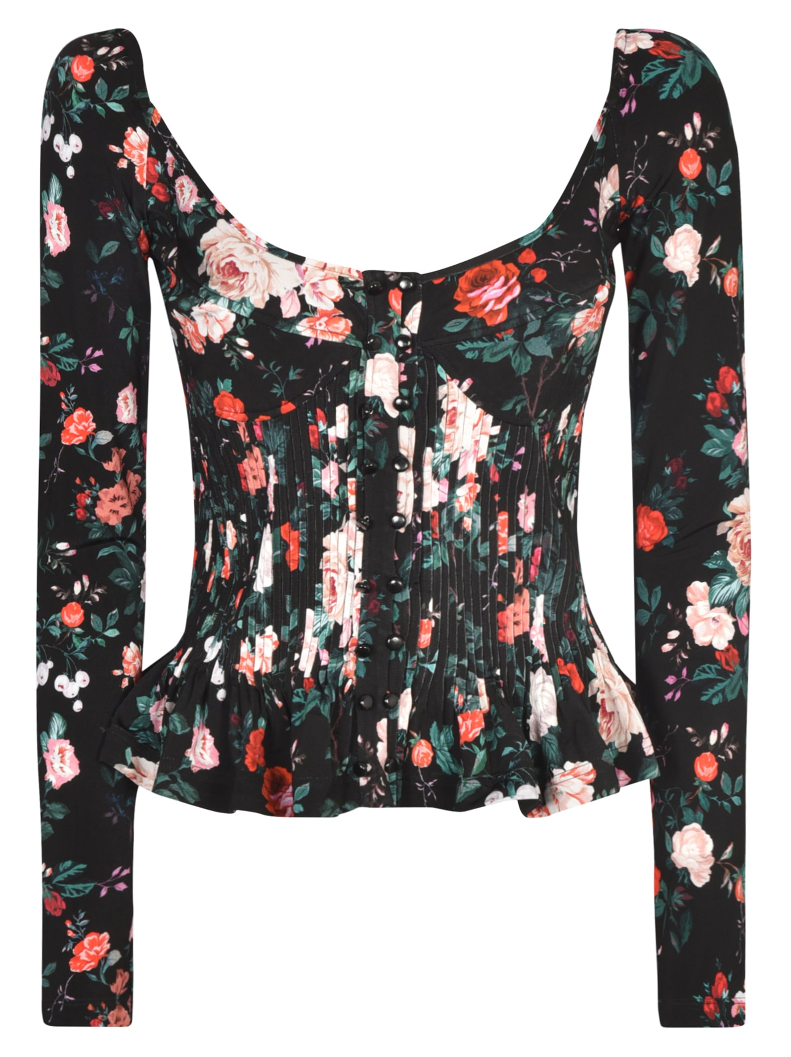 RABANNE WIDE NECK ROSE PRINT PLEATED TOP