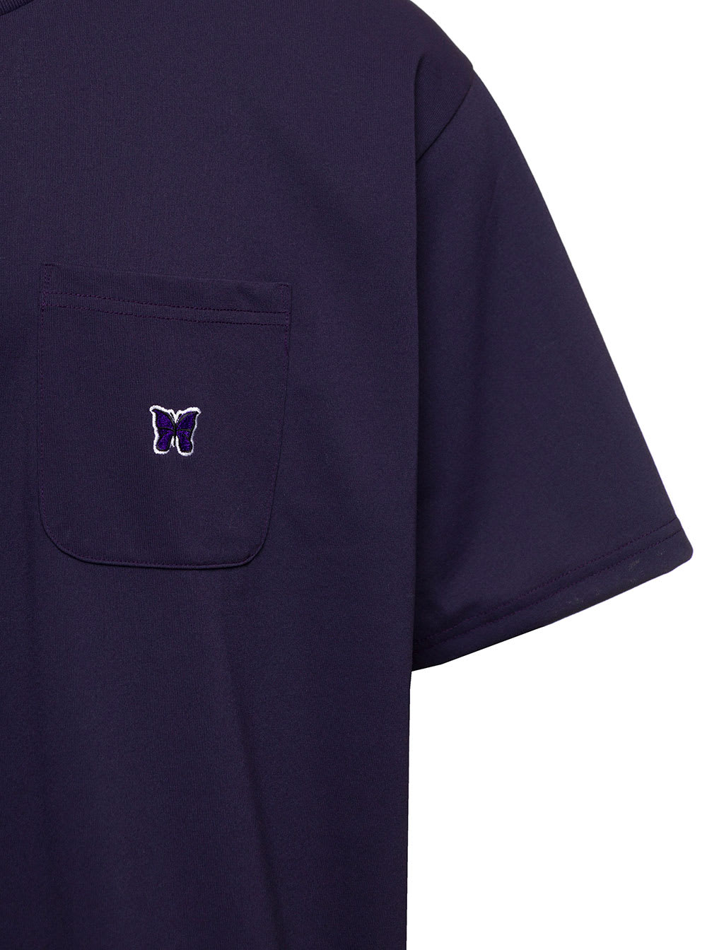 Shop Needles Crewneck T-shirt With Front Pocket And Embroidered Logo In Violet Technical Fabric Man