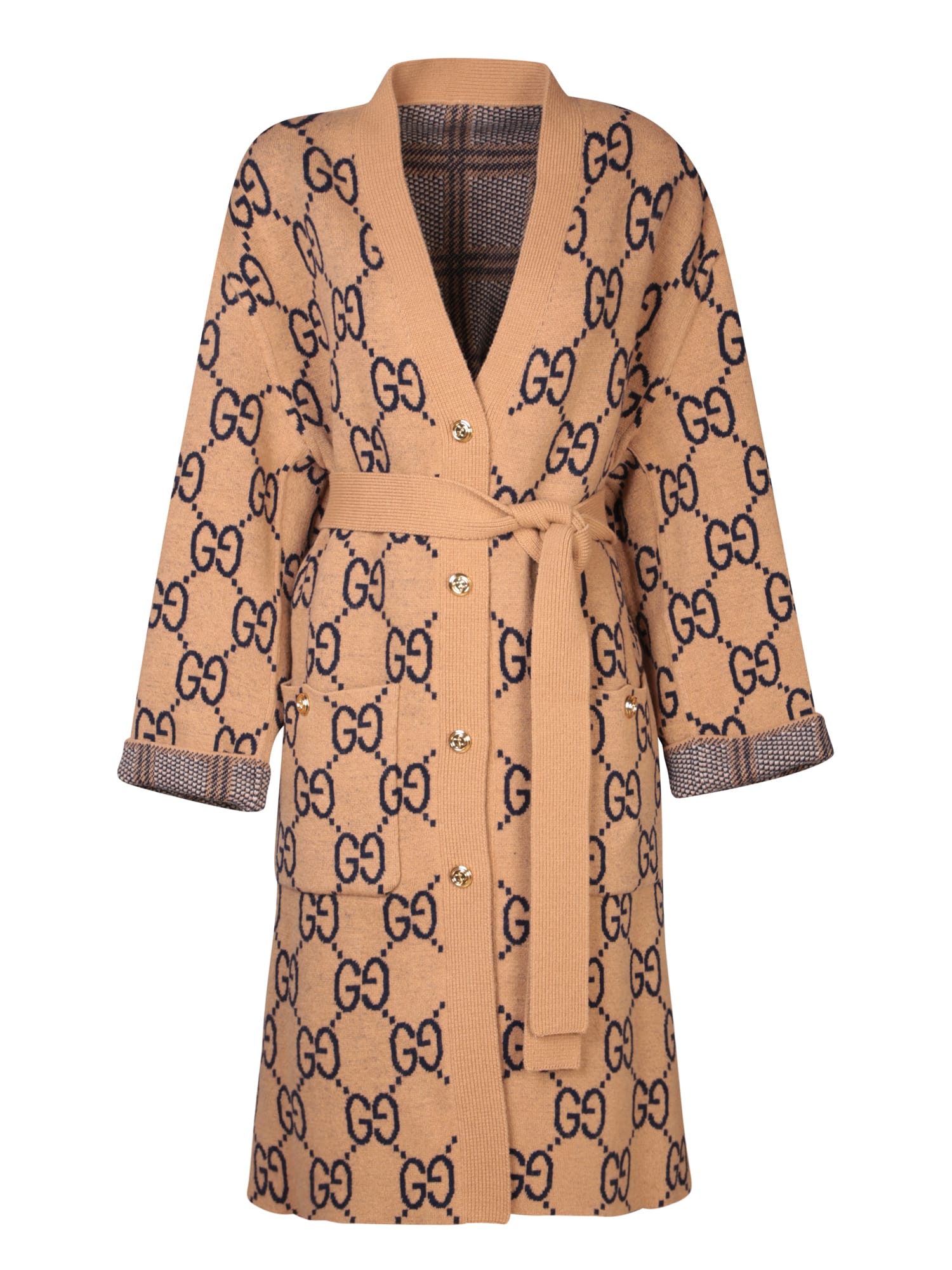 Shop Gucci Patterned Brown Long Cardigan In Beige