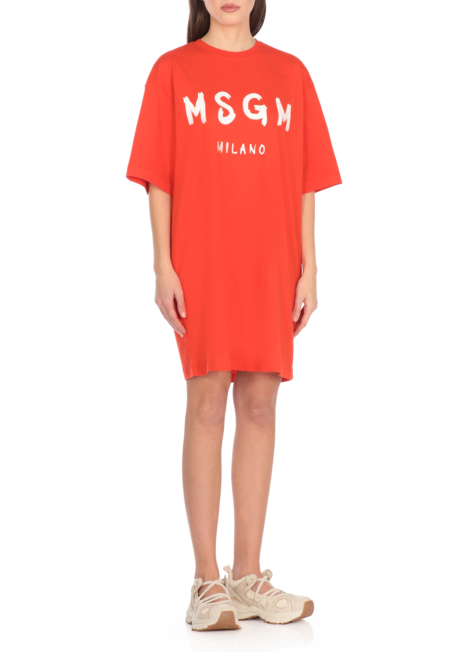 Msgm Logo Crew Neck Mini Dress In Red