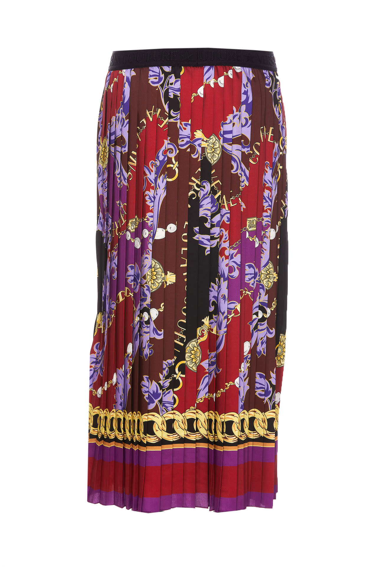 Versace Jeans Couture Pleated Chain-print Pull-on Midi Skirt In Pink & Purple