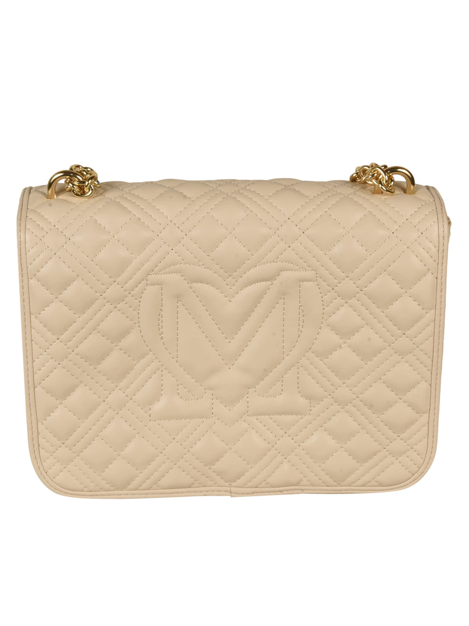 Shop Love Moschino Logo Quilted Shoulder Bag In Ecru
