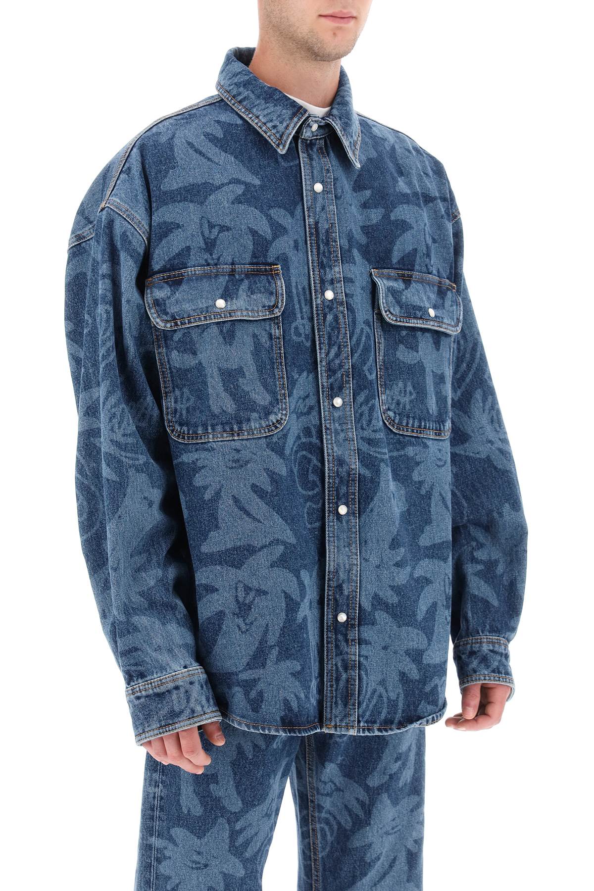 Shop Palm Angels Palmity Overshirt In Denim With Laser Print All-over In Denim Blue