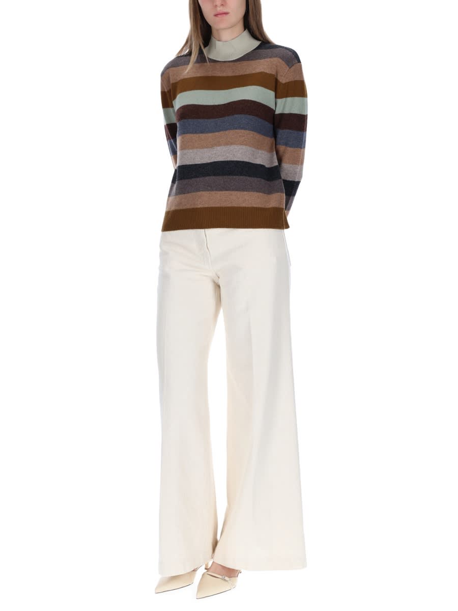 Tory Burch Multicolor Sweater With Striped Design And Back Logo Patch In Wool Woman In Multi