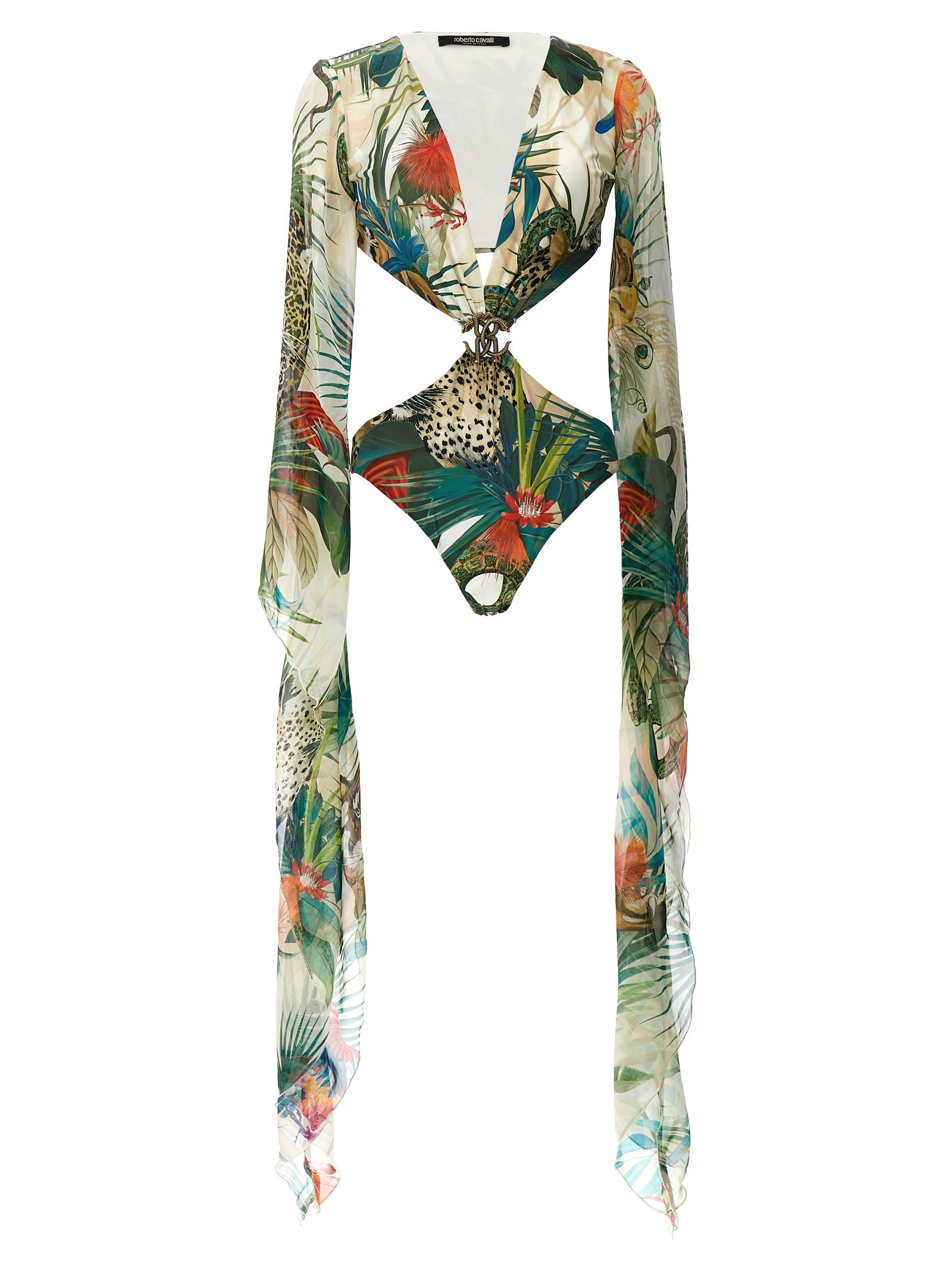One-piece Swimwear With Sleeves And Jungle Print