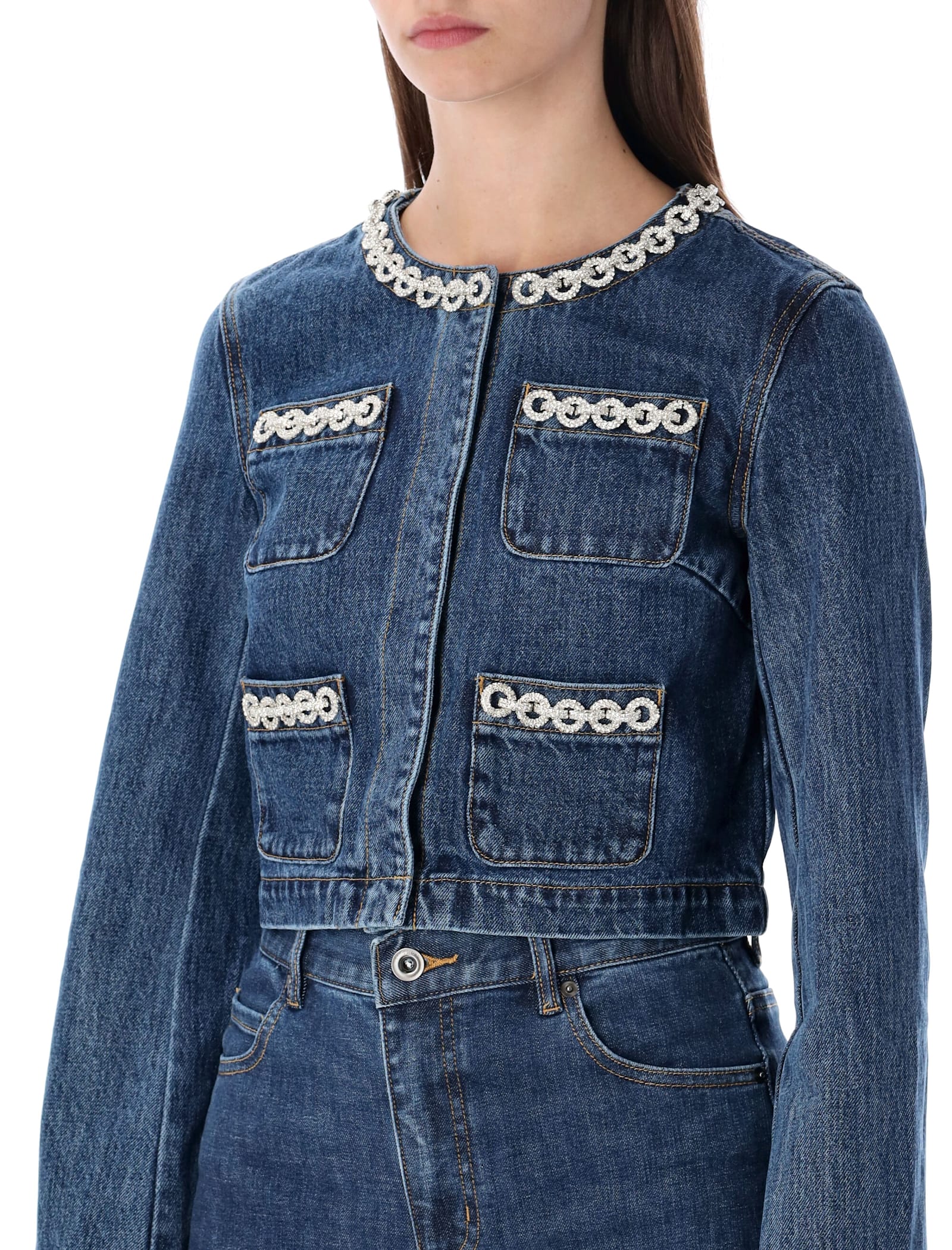 Self-portrait Cropped Denim Jacket With Crystal Chain Trims In Blue