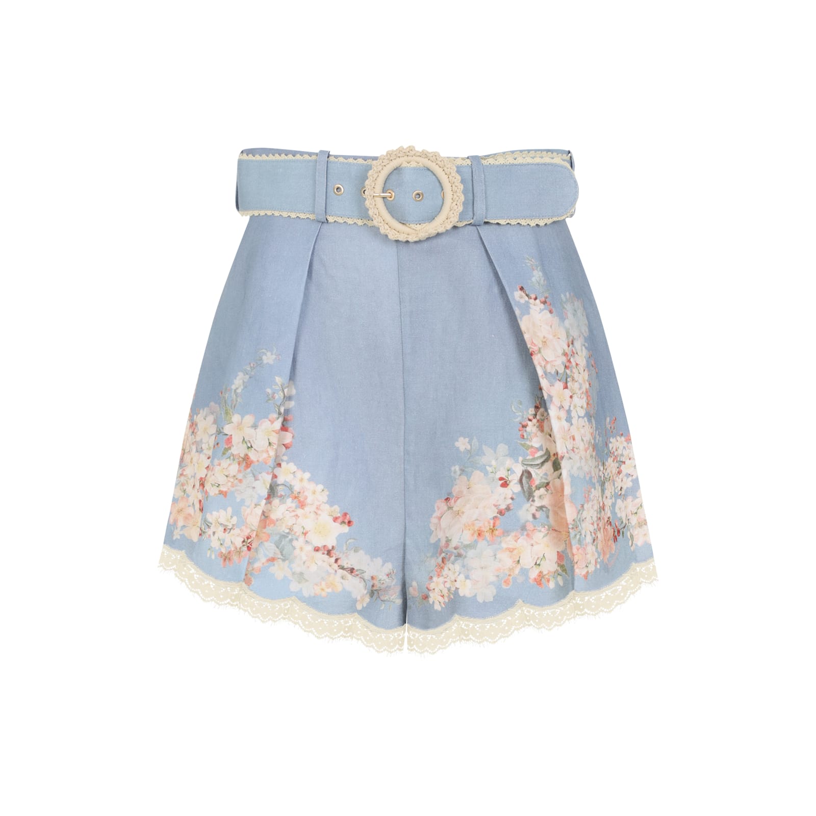 Zimmermann Teal Blue Botanical Floral Linen Cascadian Shorts In Blue