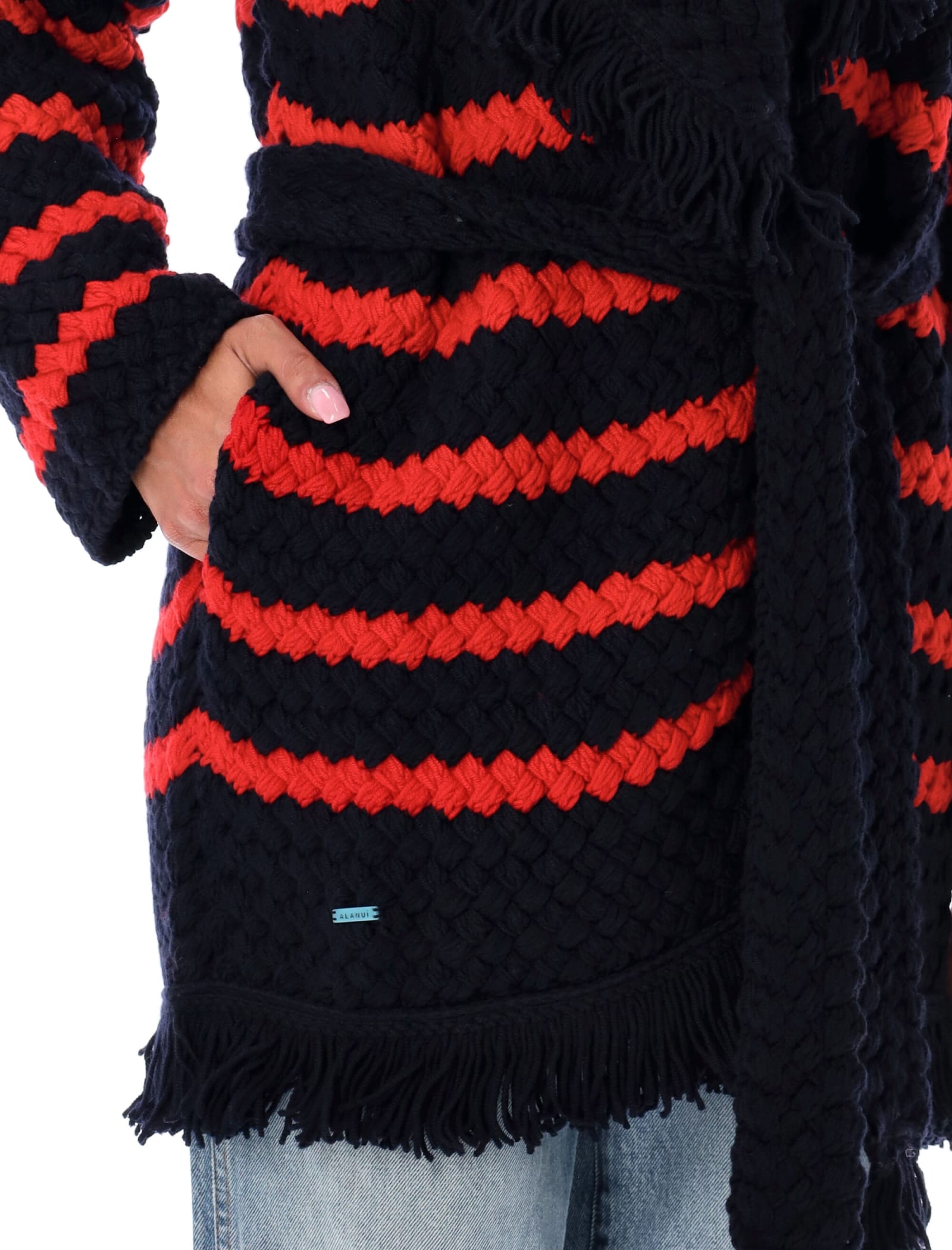 Alanui fringed-edge belted-waist cardigan - Red