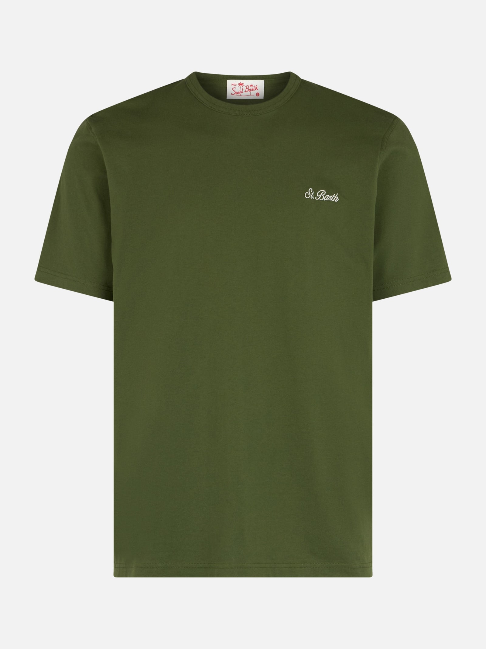 Mc2 Saint Barth Man Military Green Cotton Jersey T-shirt Dover With St. Barth Embroidery In Green