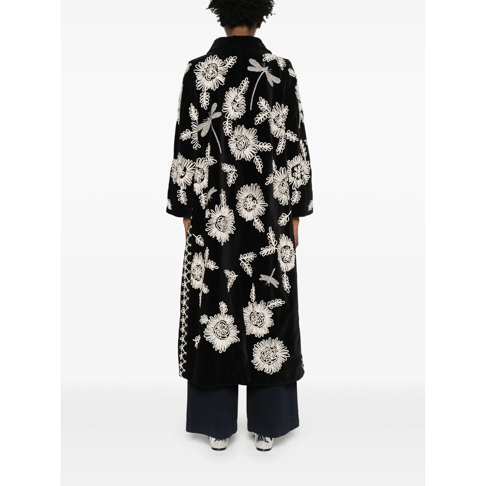 Forte Forte Long Coat With Floral Embroidery And Pockets In Black