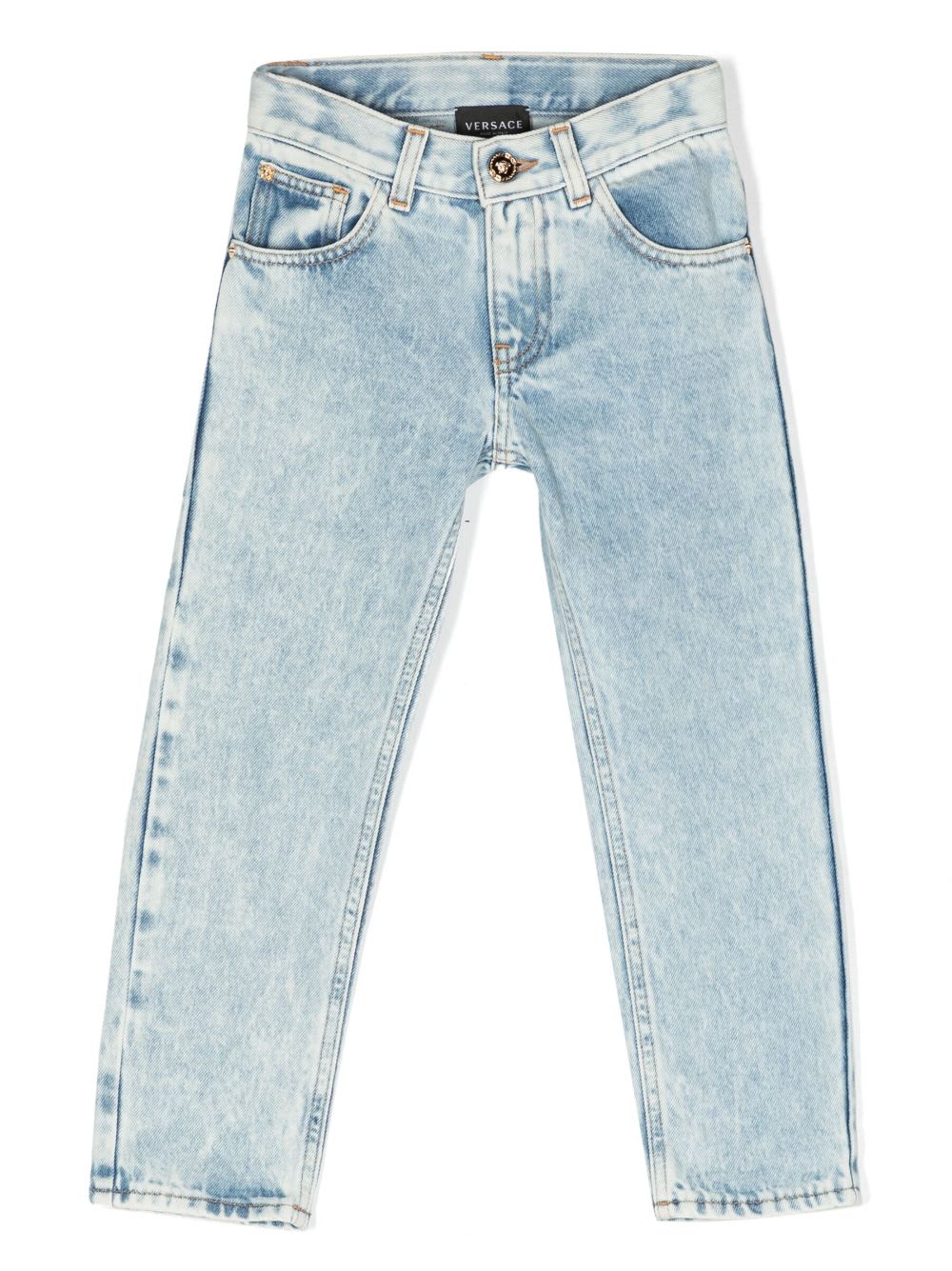 Shop Versace Jeans Blu Chiaro In Denim Di Cotone Stretch Bambino