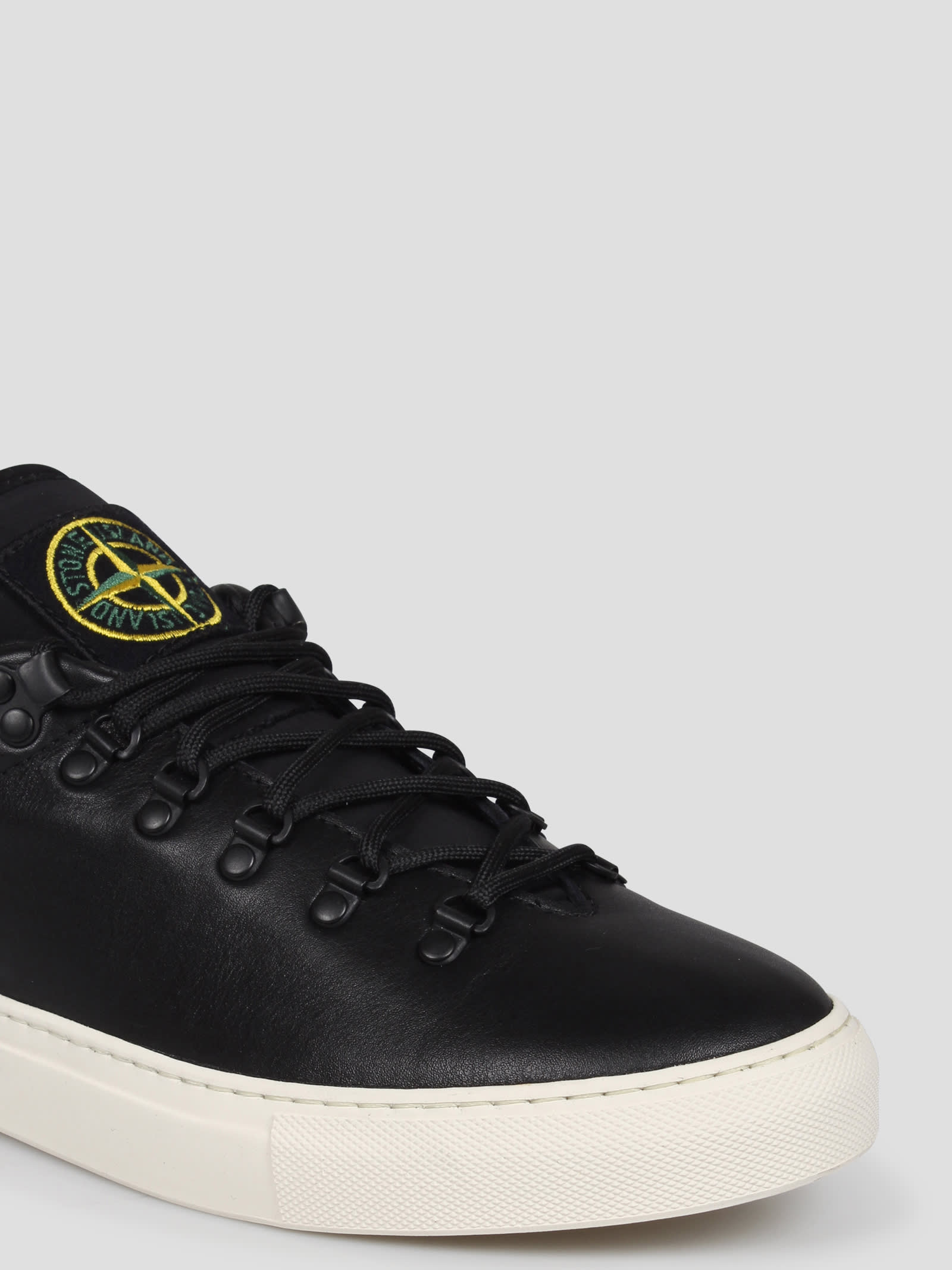 Shop Stone Island Leather Sneakers In Black