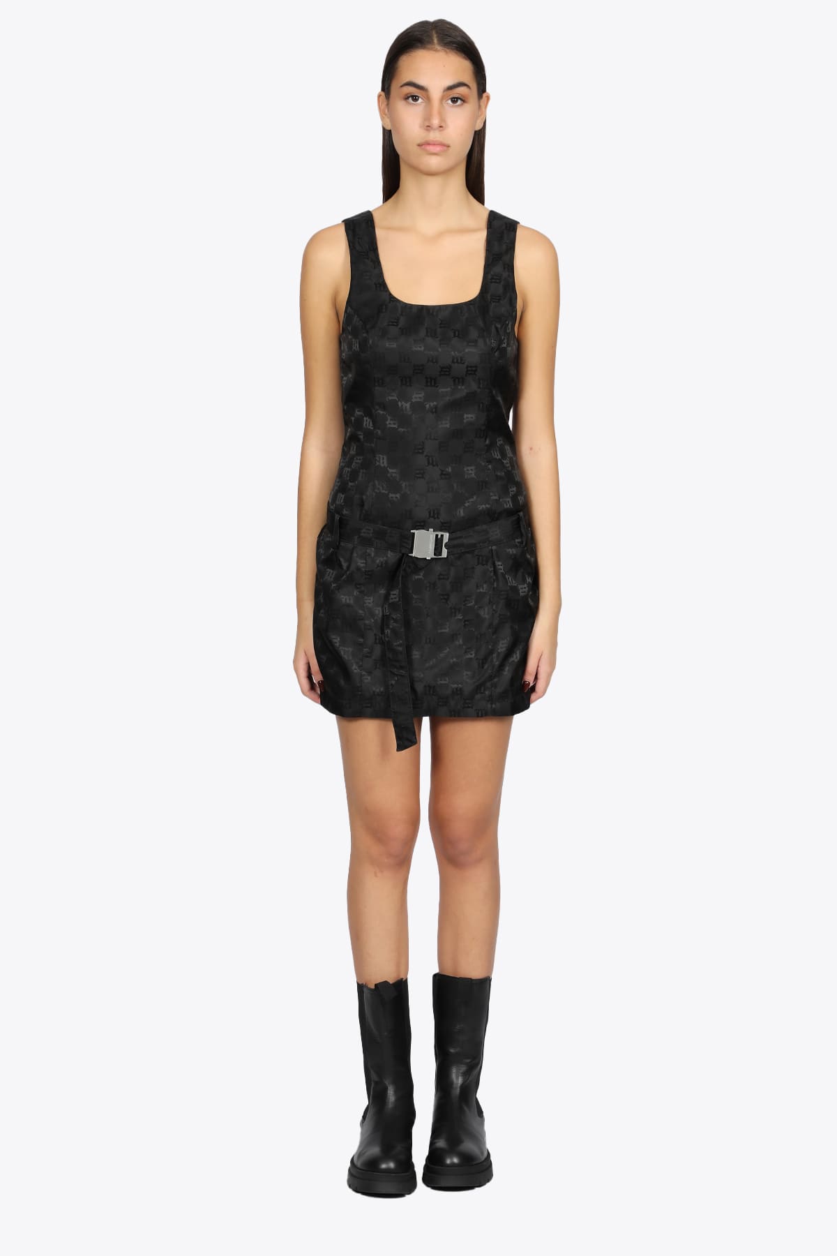 MISBHV Nylon Jacquard Mini Dress Black nylon short dress with monogram motif