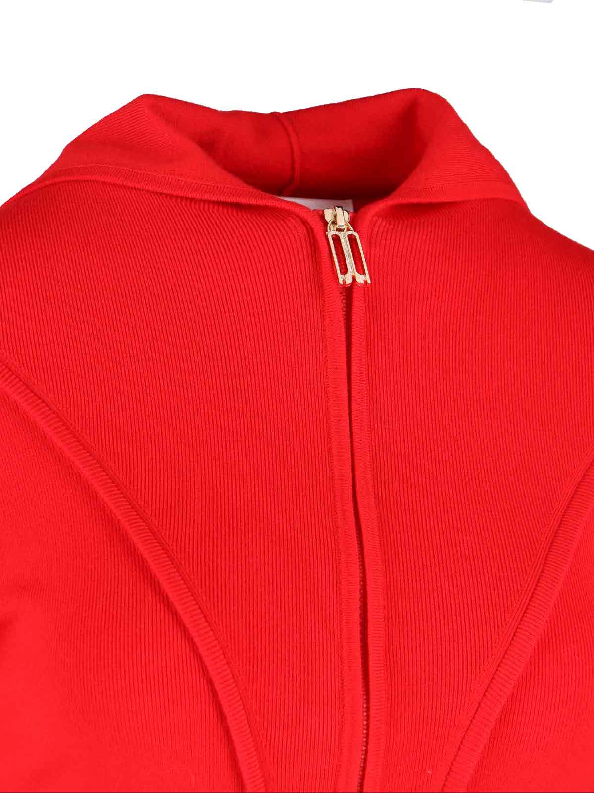 Victoria Beckham Ribbed Knit Zip-up Hoodie With Metal Logo Charm In Red