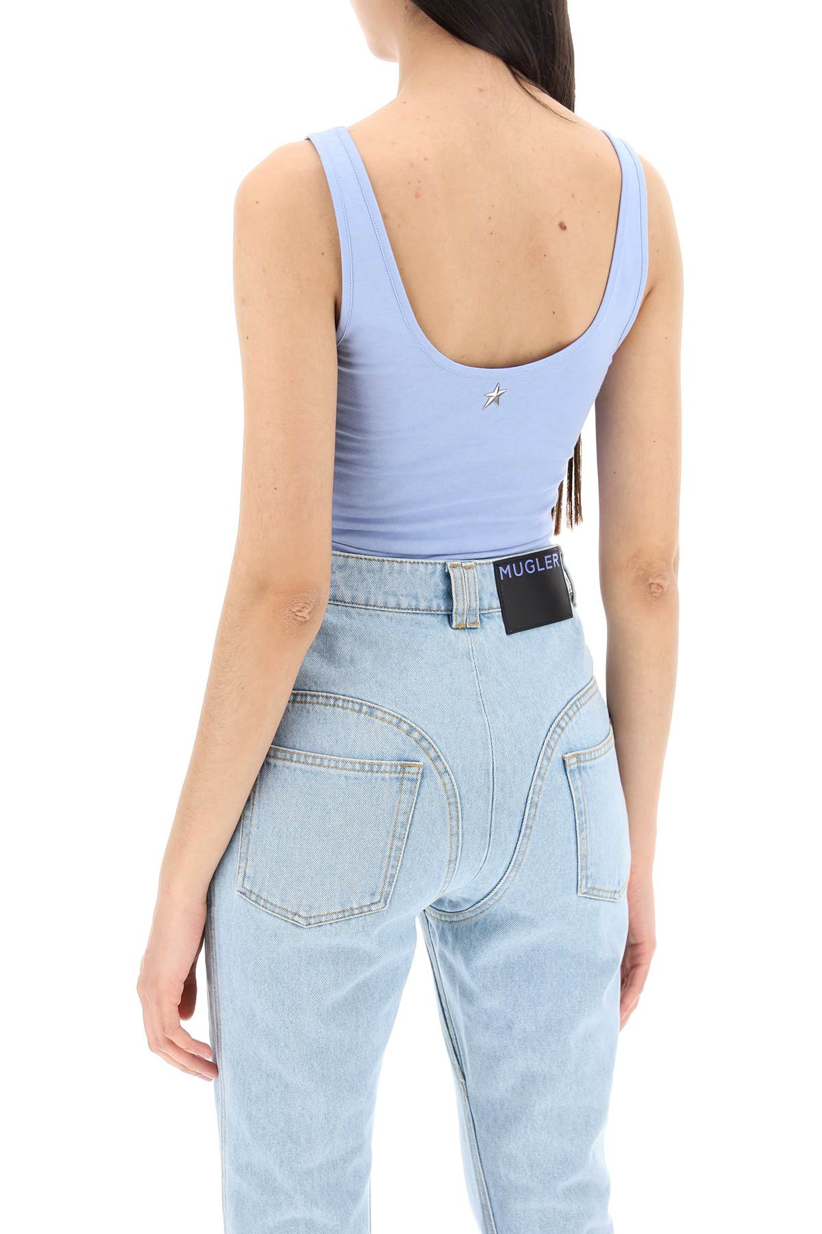 Shop Mugler Tank Top Body With Signature Logo Print In Silver Blue (light Blue)