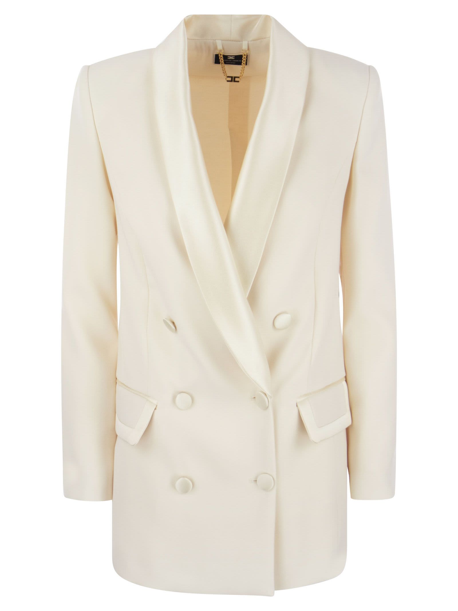 Shop Elisabetta Franchi Double-breasted Jacket In Crepe And Satin In Butter