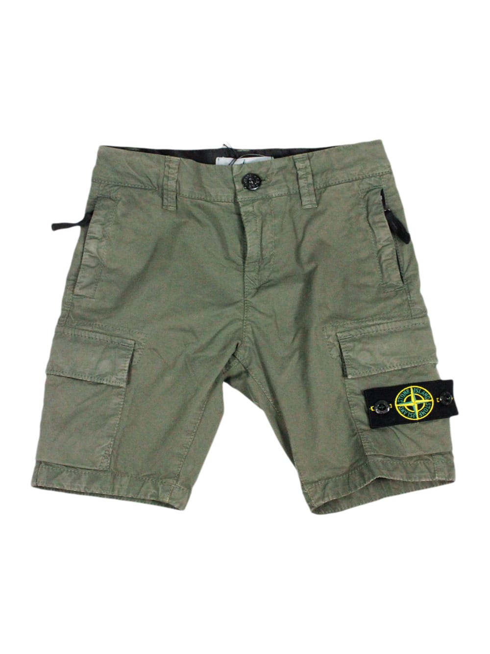 Shop Stone Island Stretch Cotton Cargo Shorts With Pockets And Logo On The Leg Pocket In Military