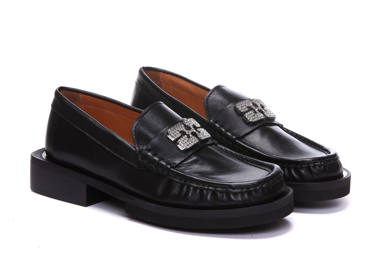 Shop Ganni Rhinestone Logo Loafers In Black