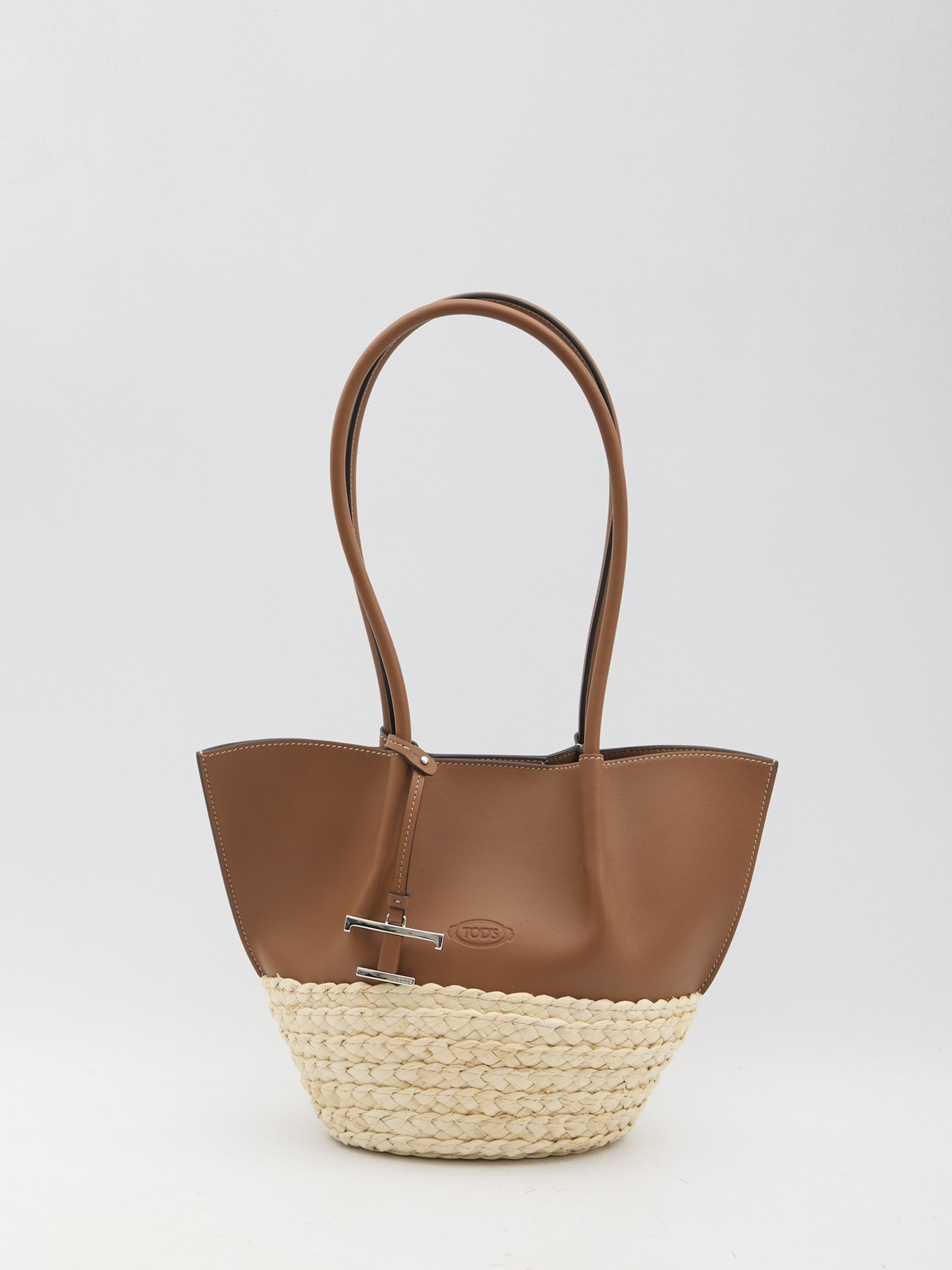 Tod's Medium Shopping Bag In Brown Leather And Raffia In Brown