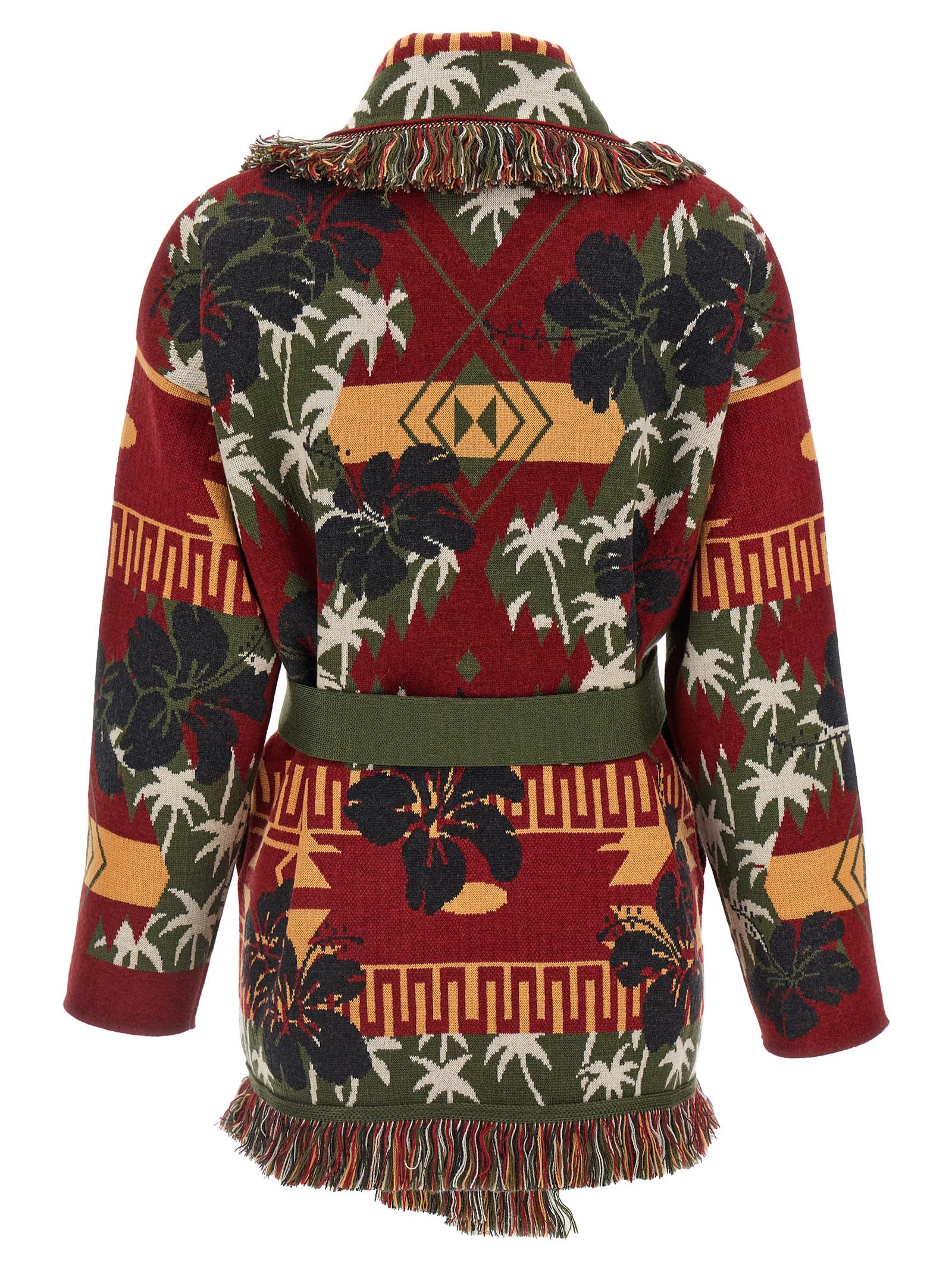 Alanui 'hibiscus Bloom' Long Belted Cardigan With Fringed Trim In Green