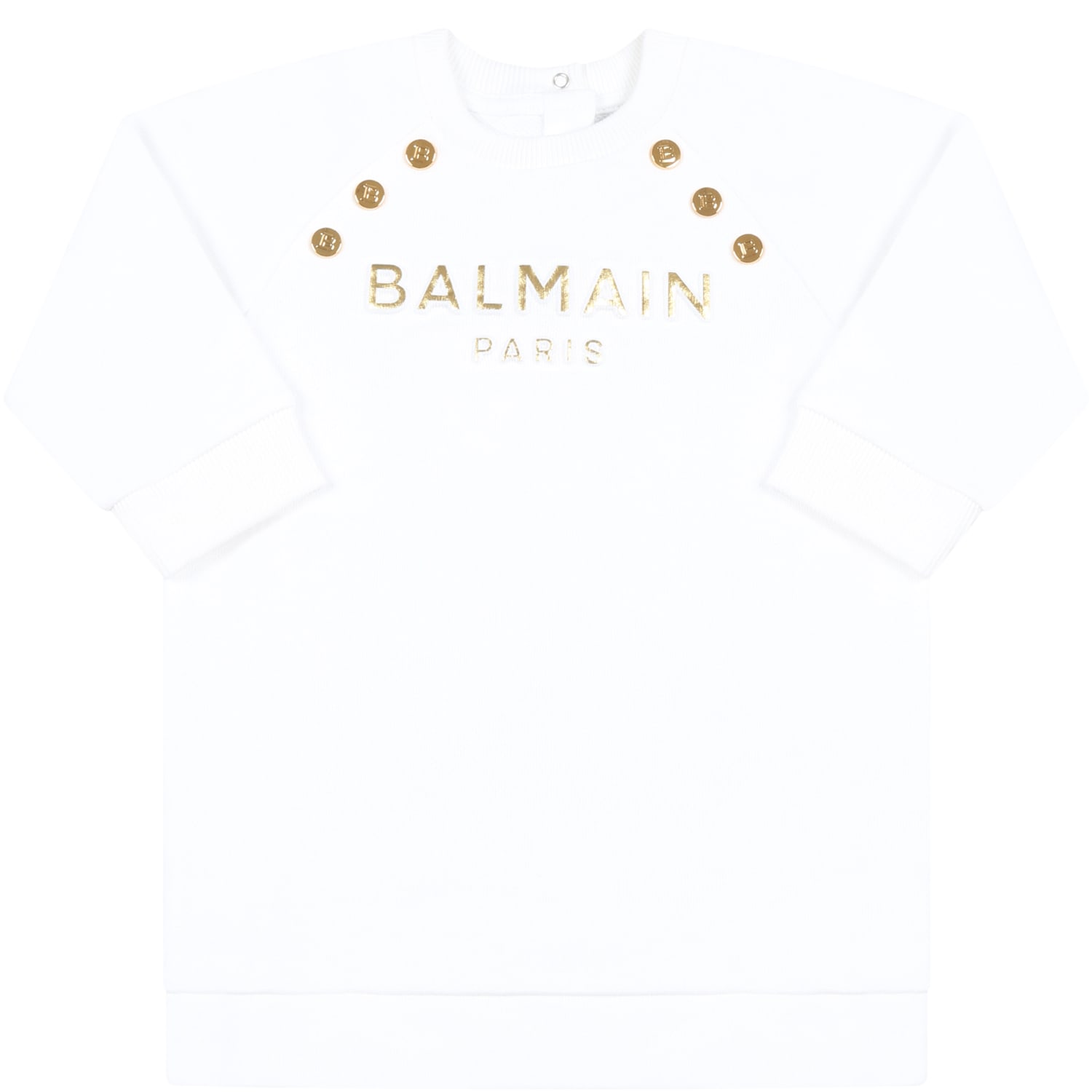 Balmain White Dress For Baby Girl With Golden Logo