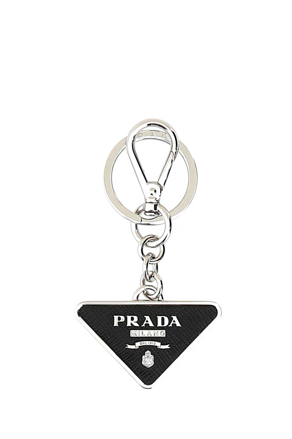 Prada Two-tone Leather And Metal Keychain In F0002
