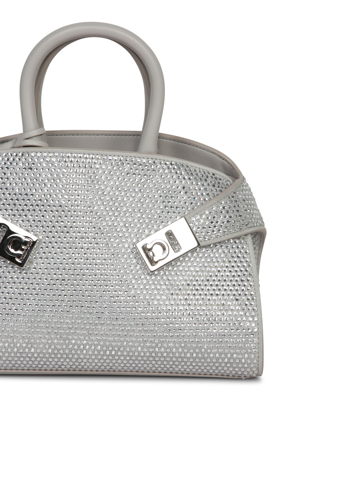 Shop Ferragamo Light Grey Hug Mini Rhinestone Bag