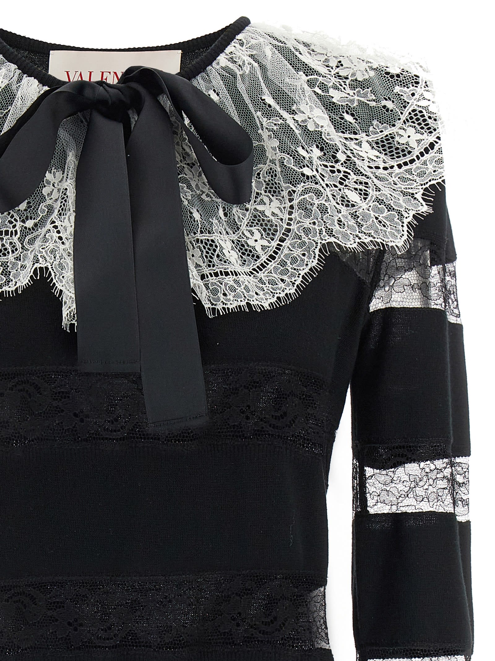 Valentino Bow-embellished Striped Lace-trimmed Wool Sweater In White/black