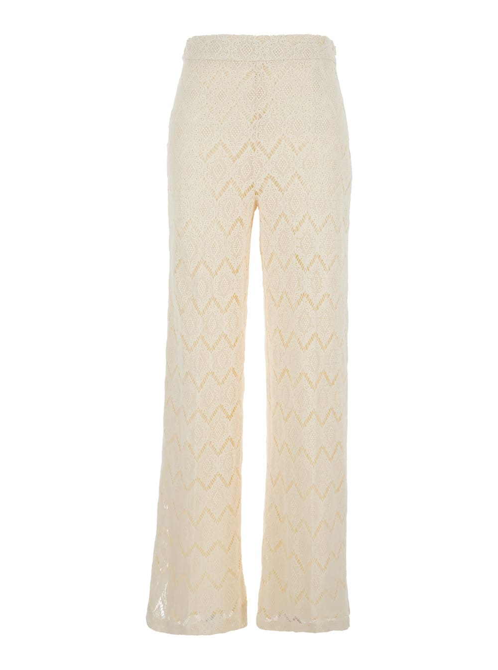 Beige High-waist Pants With Logo Plaque On The Back In Macramé Cotton Woman