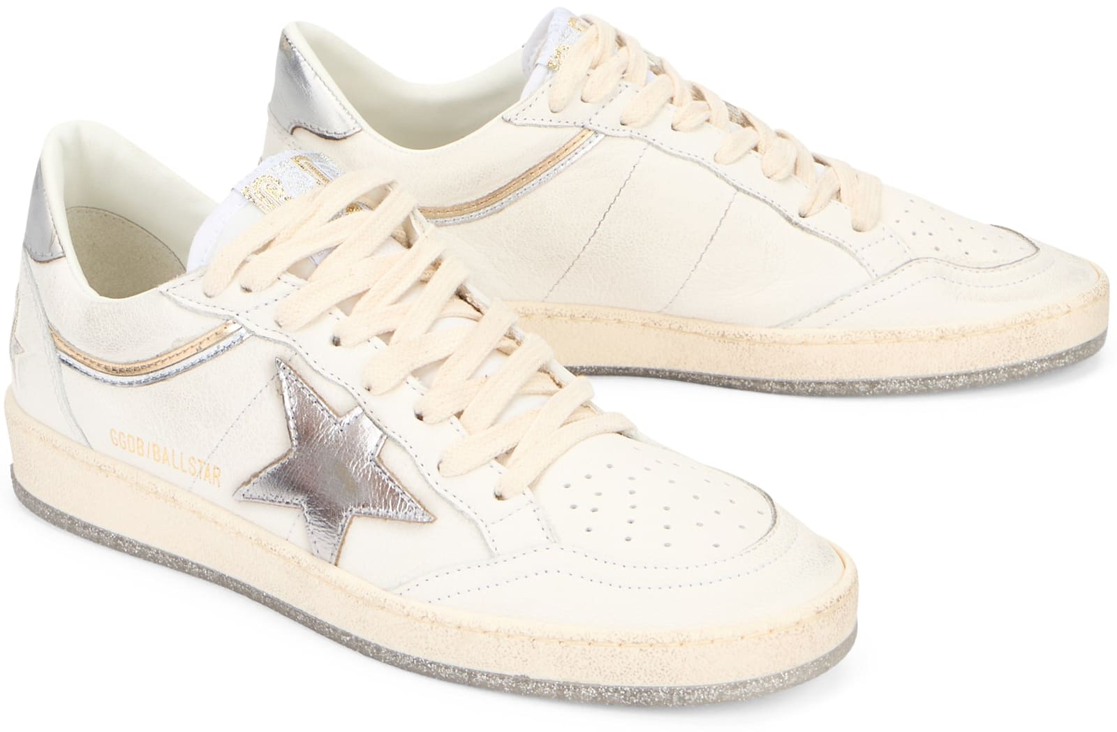 Golden Goose Ball-star White Leather Sneakers With Silver Star And Heel In White