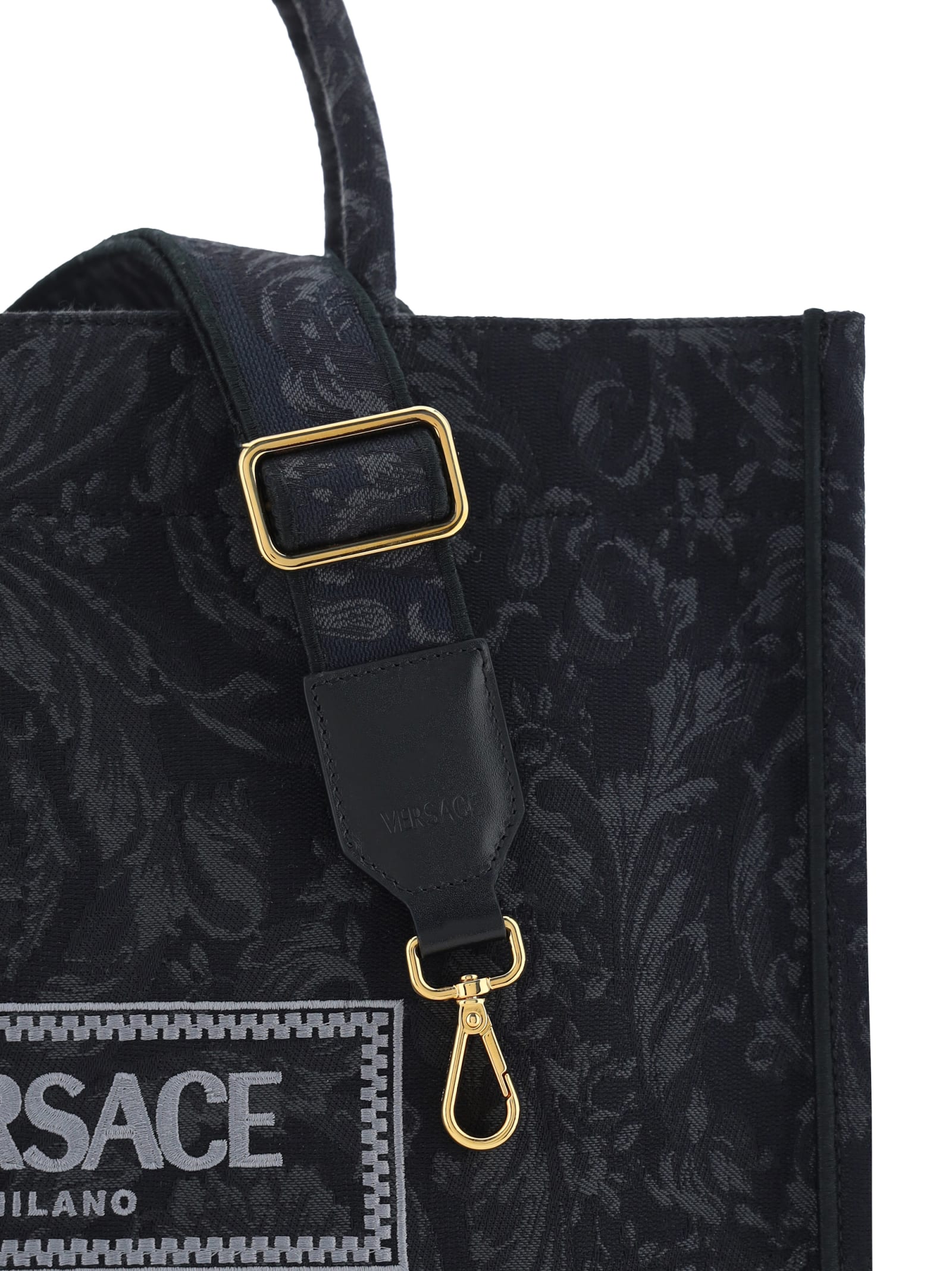 Shop Versace Athena Handbag In Black+black--gold