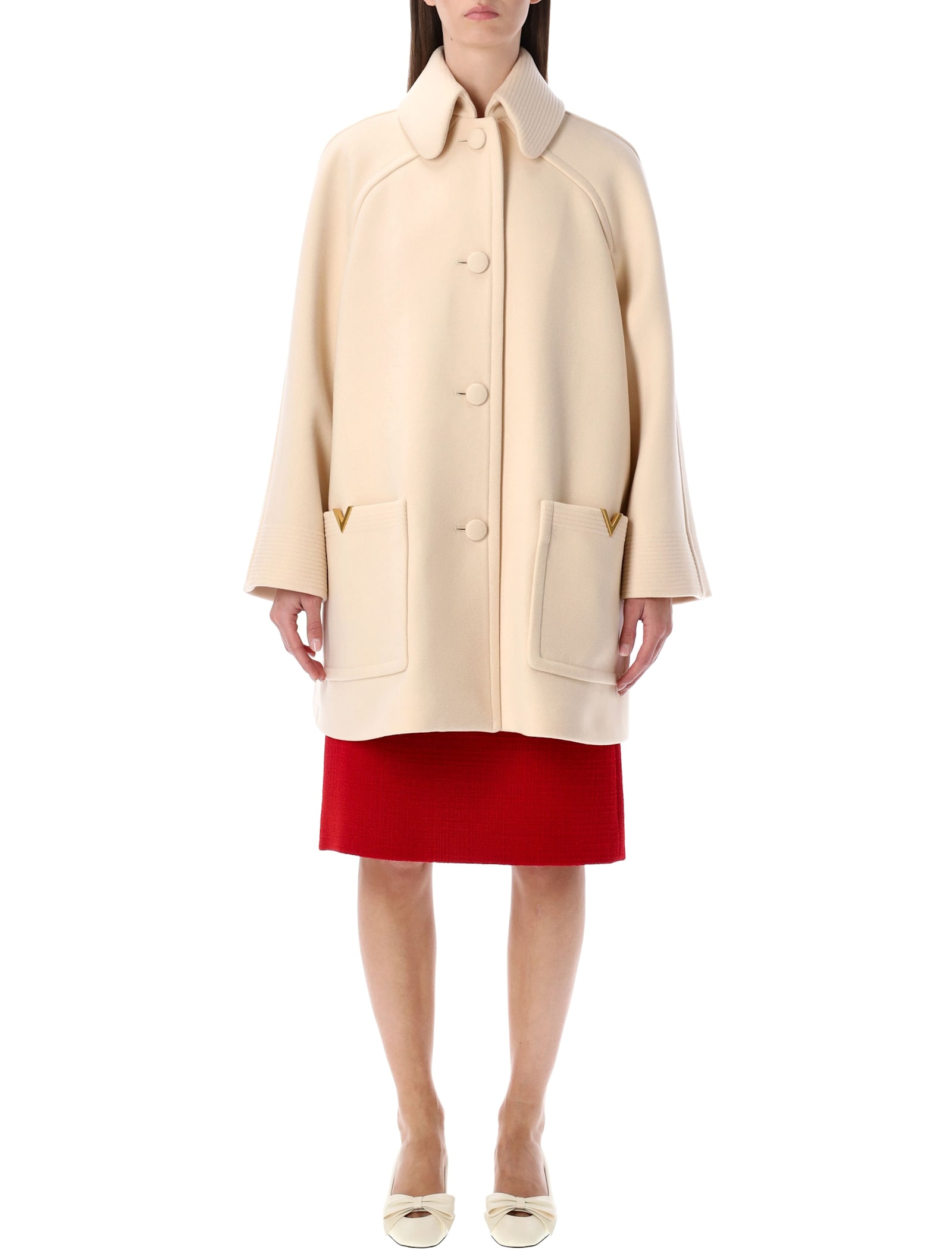 Valentino Garavani Wool Drap Peacoat With V Gold Detail In Neutral