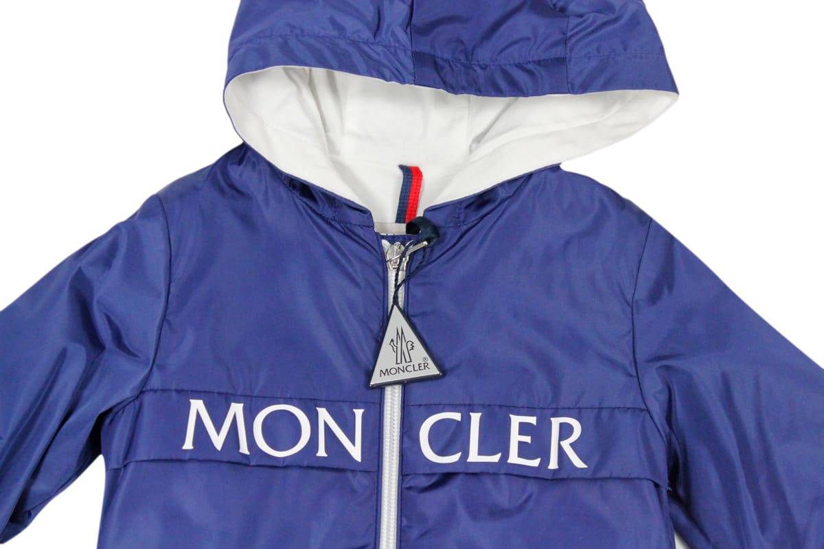 Shop Moncler Erdvile Jacket In Light Nylon With Hood And Zip Closure With Logo Printed On The Chest, Internally L In Blu