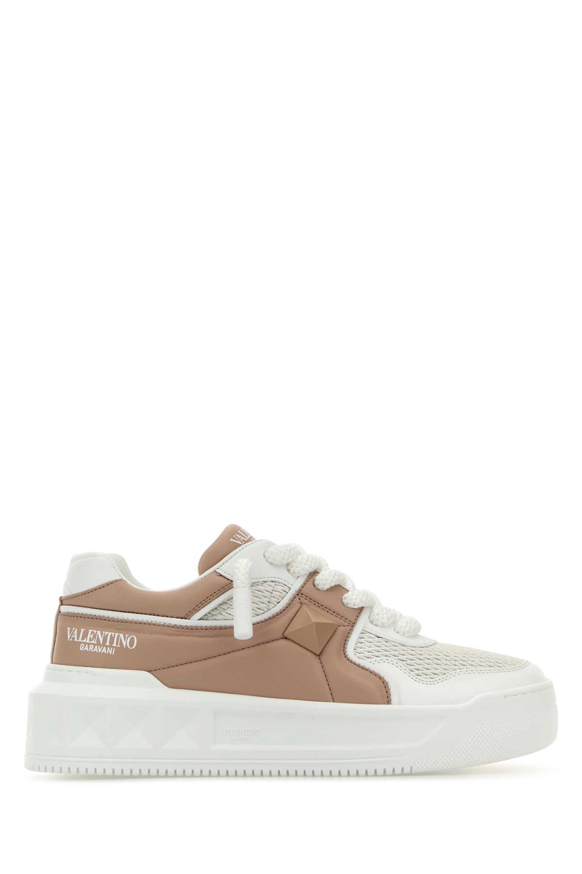 Shop Valentino Two-tone Leather One Stud Xl Sneakers In Biancobiabeigerosebiabeigerosebi