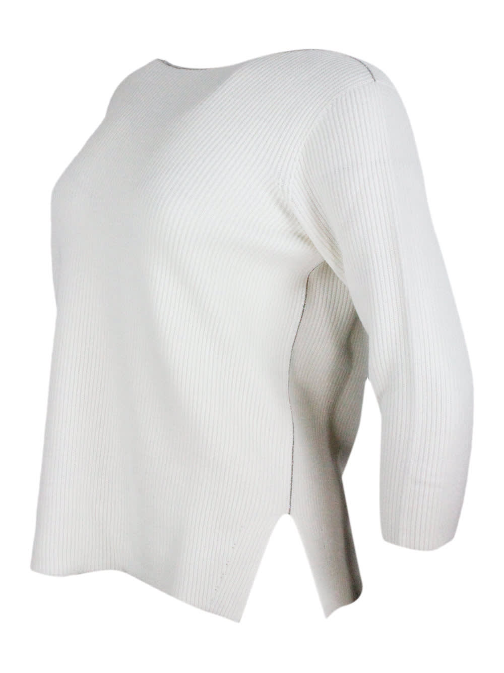Shop Fabiana Filippi Long-sleeved Boat-neck Sweater In Wool And Cotton Embellished With Brilliant Monili On The Neck In White