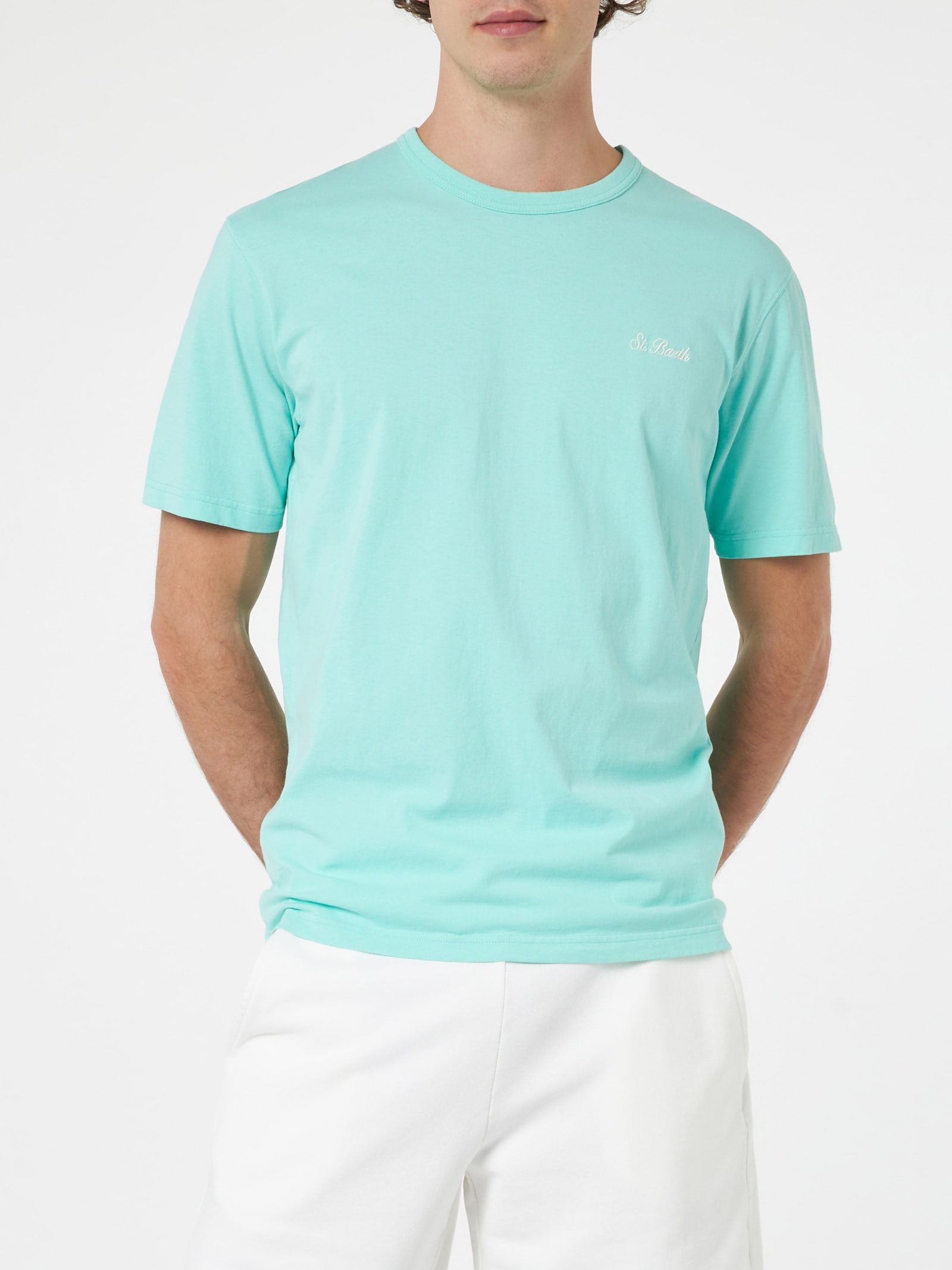 Shop Mc2 Saint Barth Man Sage Green Cotton Jersey T-shirt Dover With St. Barth Embroidery