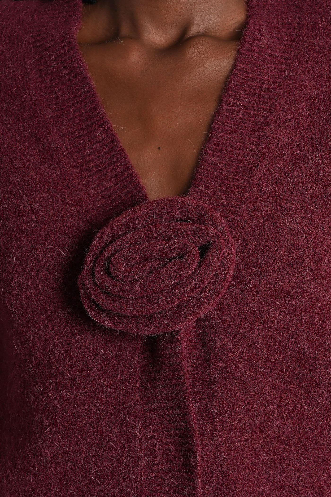 Rotate Birger Christensen Rotate Cropped Burgundy Sweater With Deep V-neckline And Floral Embellishment In Burgundy