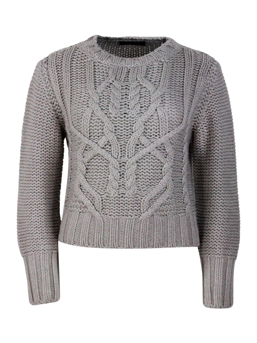 Long Sleeve Crewneck Sweater In 100% Soft Virgin Wool With Cable Knit On The Front