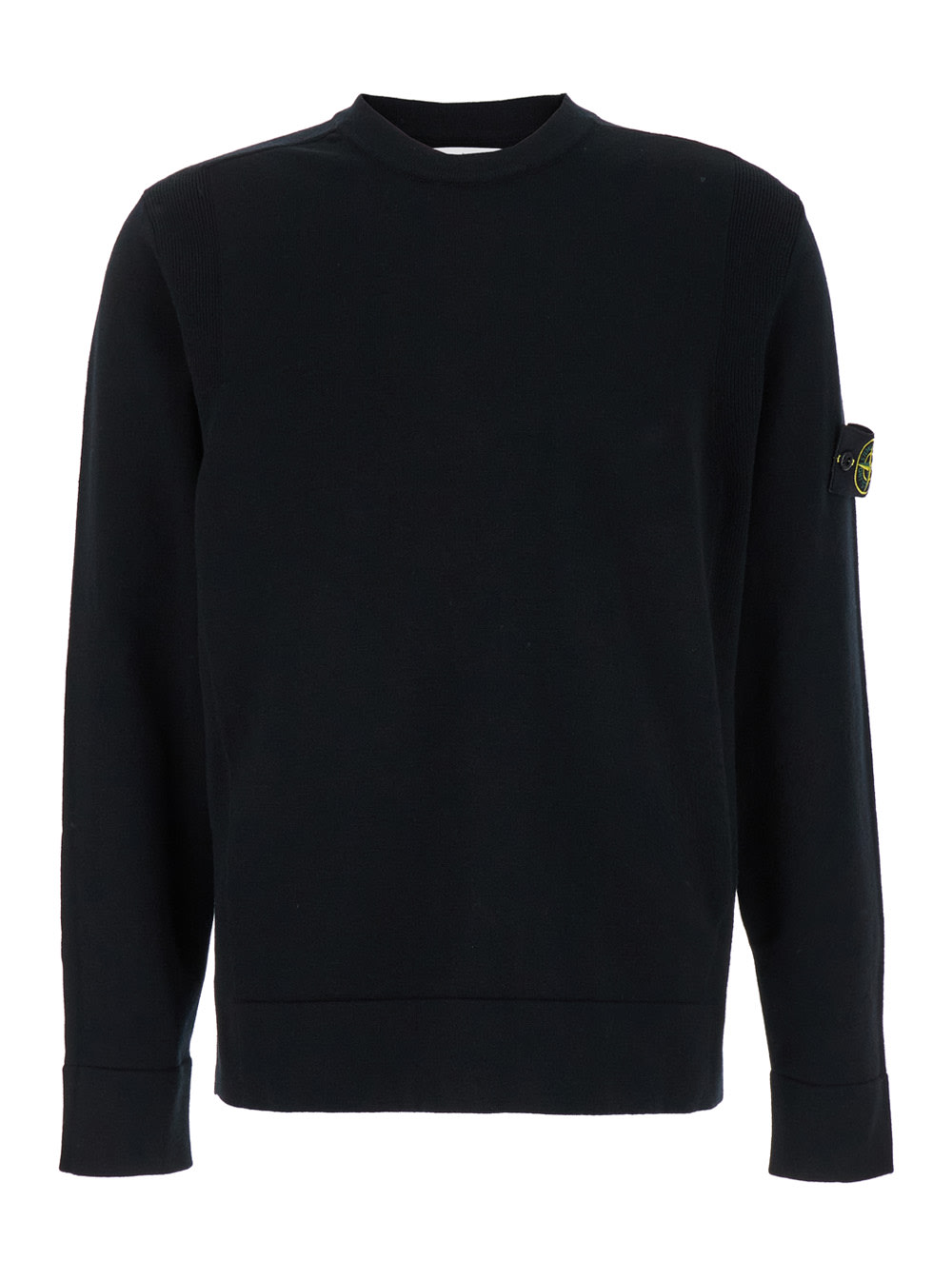 Shop Stone Island Black Sweater With Logo Patch And Ribbed Trim In Wool Blend Man