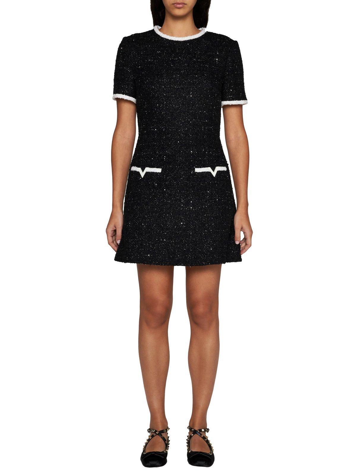 Shop Valentino Crewneck Short-sleeved Mini Dress In Nero Lurex/avorio Lurex
