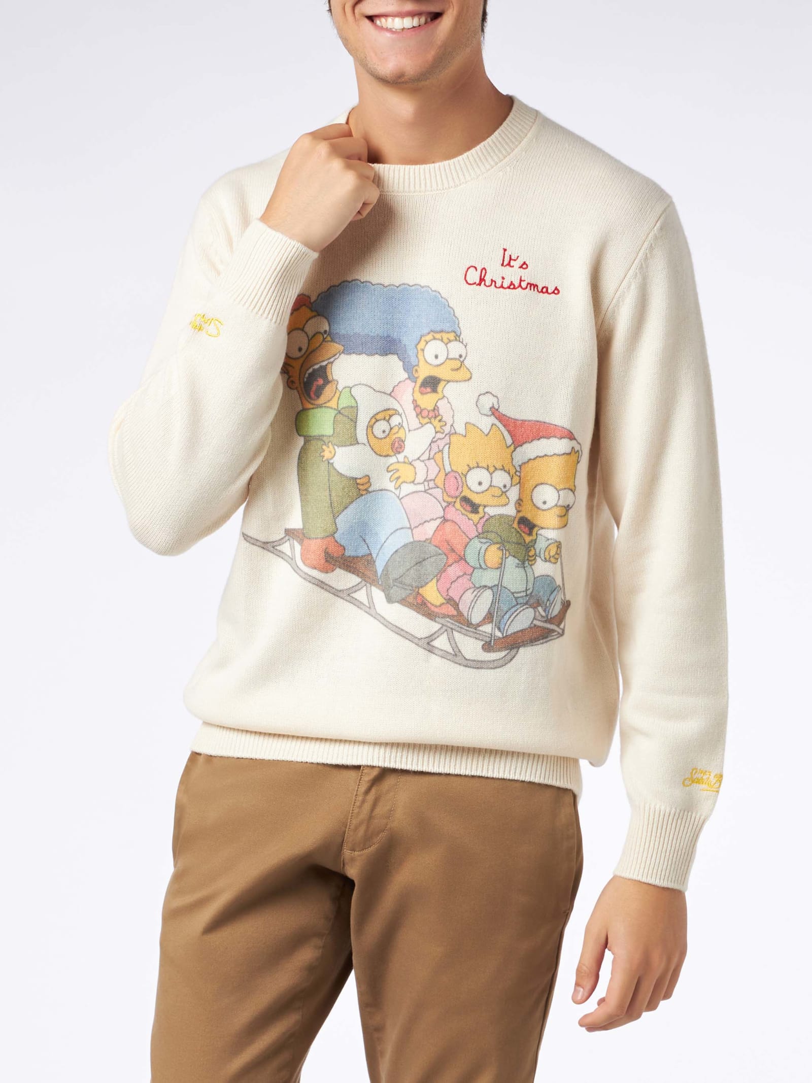 Shop Mc2 Saint Barth Man Crewneck Sweater With The Simpson Family Jacquard Print The Simpsons Special Edition In White