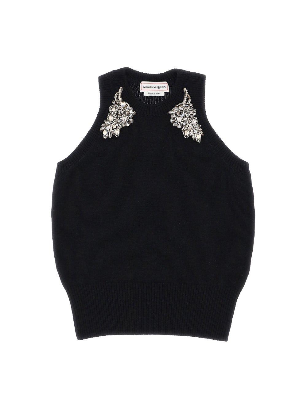 Alexander Mcqueen Embellished Ribbed-knit Tank Top In Black/crystal