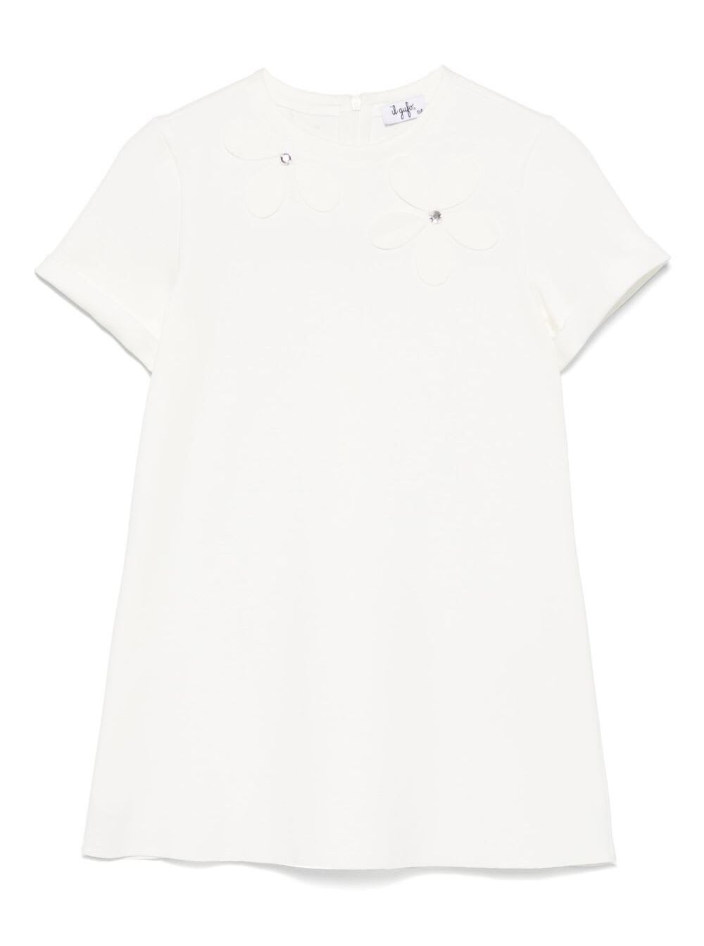 Il Gufo White Crewneck Dress With Floral Patches On The Front And Rear Concealed Zip Closure In Viscose Blen In White