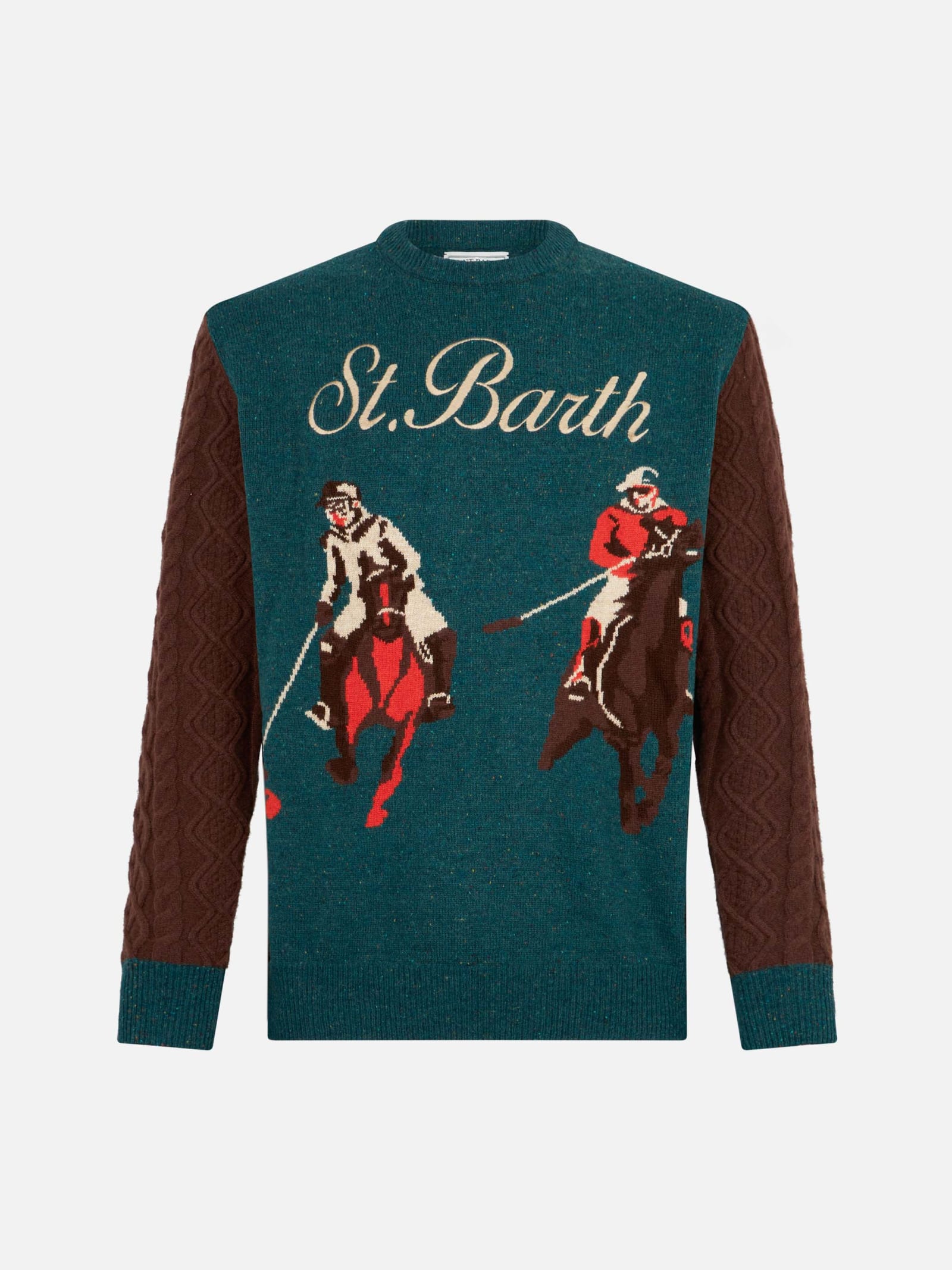 Mc2 Saint Barth Man Crewneck Donegal Sweater With Polo Jacquard Print In Green