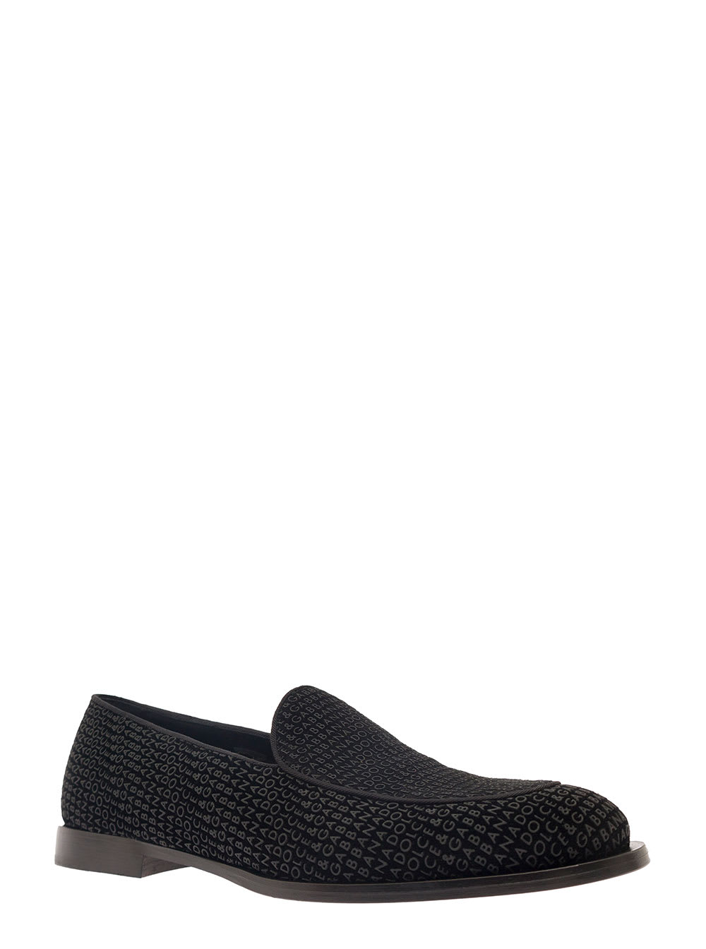 Shop Dolce & Gabbana Vivaldi Black Loafers With All-over Logo Lettering In Velvet Man