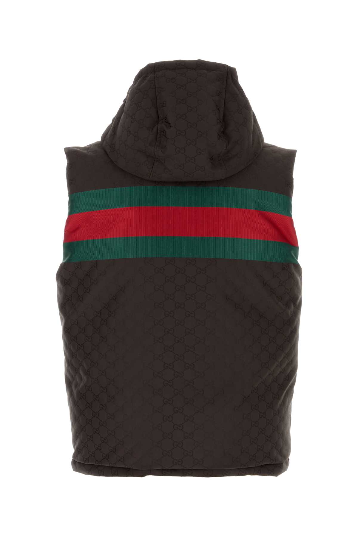 Shop Gucci Dark Brown Gg Polyester Blend Sleeveless Down Jacket In Browngreenred